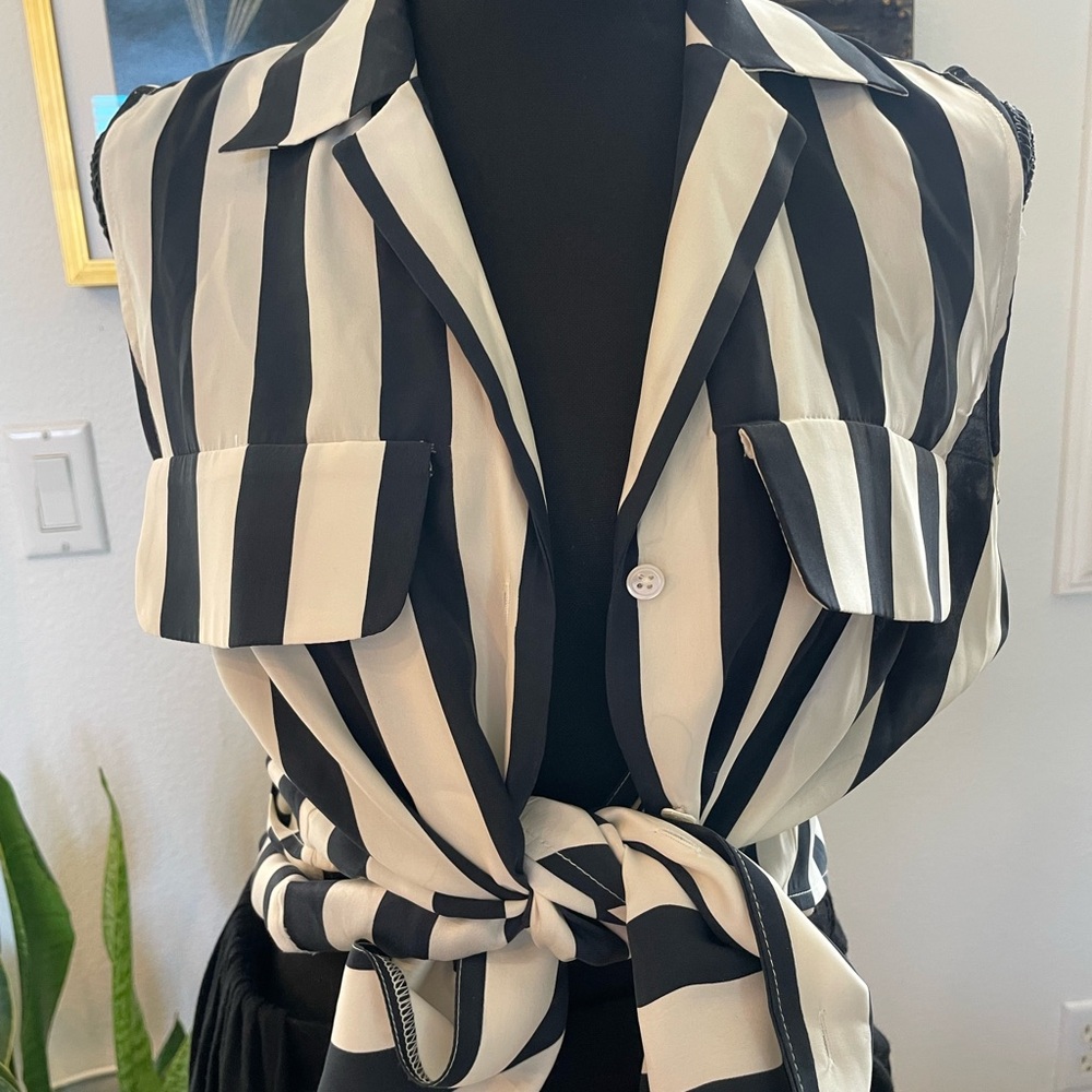 Silk Navy and White Striped Blouse